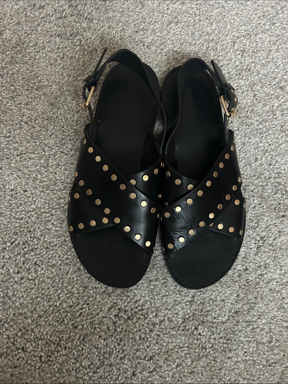Madewell Black Leather Cross-Strap Sandals with Gold Studs